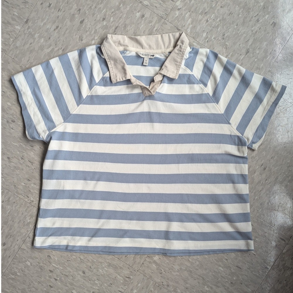 Toad&Co Womens Blue White Striped Organic Cotton Rugby Polo Shirt Medium